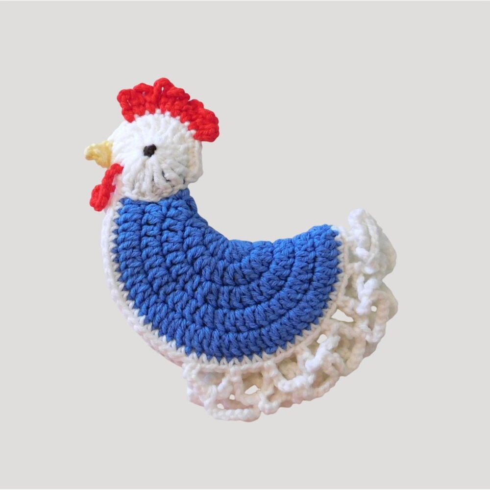 Crochet Chicken Pot Holder Handcrafted 7" Diameter Blue White Farmhouse Kitchen